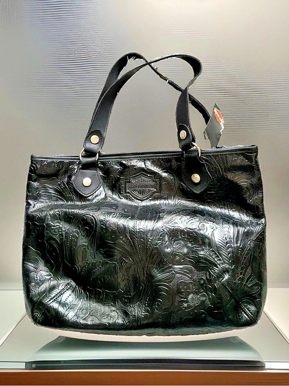 Harley-Davidson Black Floral Embossed Leather Tote Black Like New